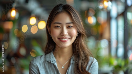 A woman with long brown hair and a necklace is smiling