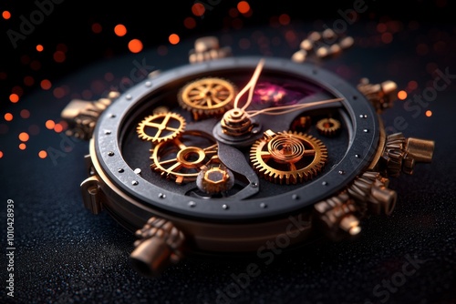 Geometric design of a clock with gears turning in perfect harmony, representing the mechanical and orderly nature of a deterministic universe photo