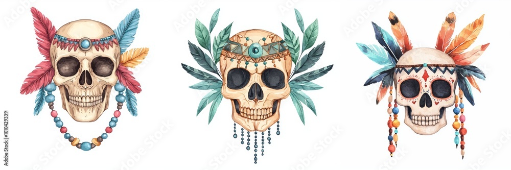Fototapeta premium Colorful decorative skulls with feathers on a white isolated background, boho style