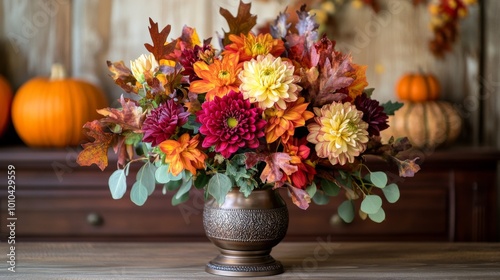 Autumnal Floral Arrangement with Dahlias and Fall Leaves in a Bronze Vase