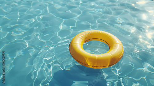 Yellow Swimming Pool Ring Float in Blue Water, Relaxing Summer Vibes, Poolside Fun, Leisure and Relaxation, Summer Pool Float, Generative AI