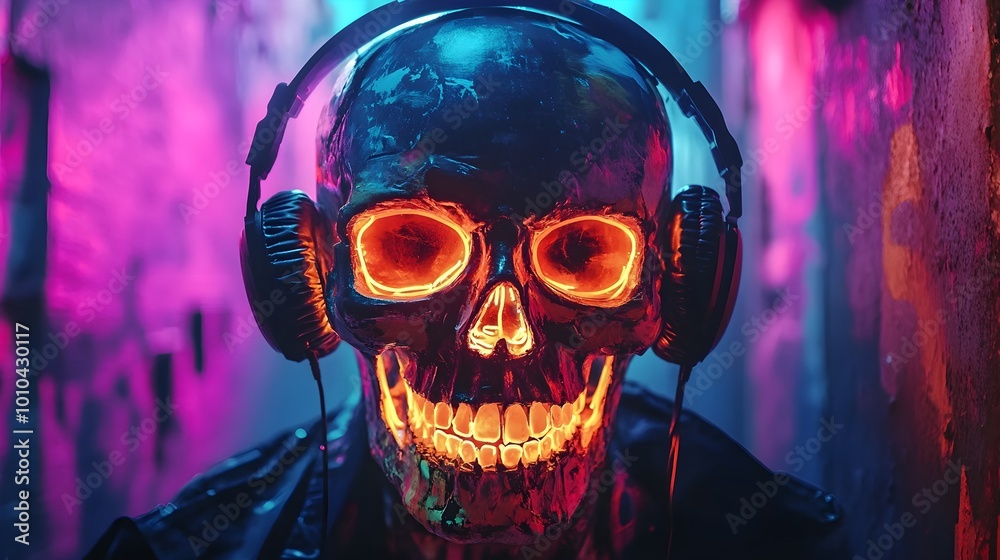 Neon graffiti skull with oversized headphones, pulsating with vibrant colors in a dark urban alley, paint splatters, and intense street art details Neon graffiti skull with oversized headphones, pulsating with vibrant colors in a dark urban alley, paint splatters, and intense street art details