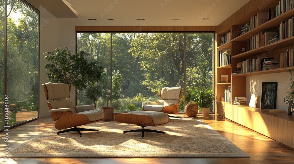 Fototapeta premium Cozy modern living room with large windows and natural greenery.