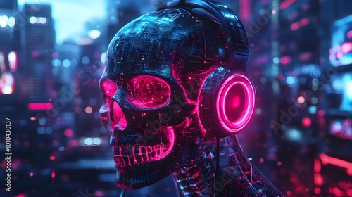 Glowing skull with neon headphones, vibrant sound waves radiating through a futuristic cityscape at night, Cyberpunk, Neon lights, 3D rendering, Ultra-detailed