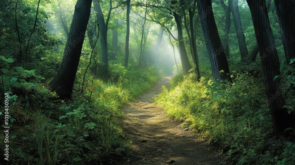 A Path Through a Sun-Dappled Forest with Misty Light A Path Through a Sun-Dappled Forest with Misty Light