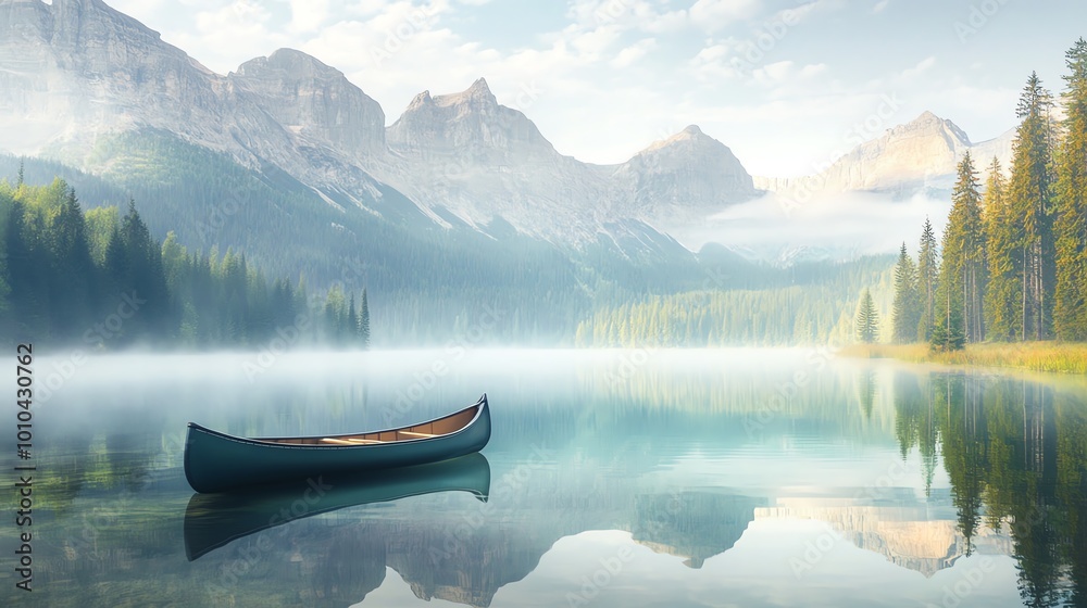 Canoe on serene lake amidst mountains Canoe on serene lake amidst mountains