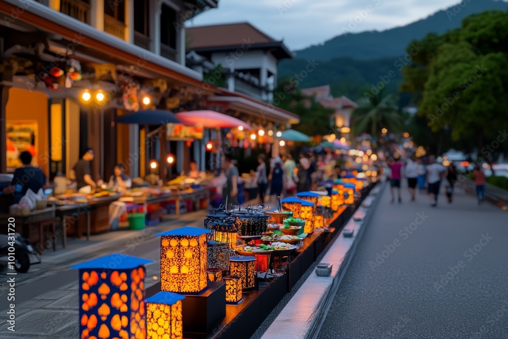 Interactive 3D digital scene of a Phuket night market, where users can explore the stalls, taste virtual street food, and experience the lively atmosphere in a dynamic, animated environment Interactive 3D digital scene of a Phuket night market, where users can explore the stalls, taste virtual street food, and experience the lively atmosphere in a dynamic, animated environment