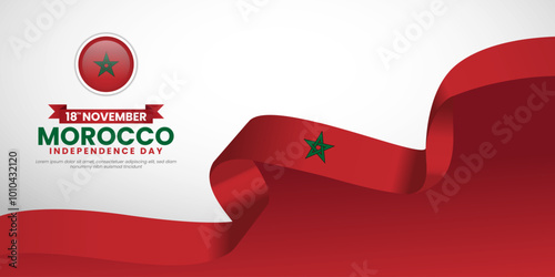 Morocco Independence Day banner background design with waving ribbon flag on November 18th