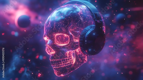 A glowing skull with transparent headphones, emitting electric energy, floating in a sci-fi universe with digital streams and floating planets