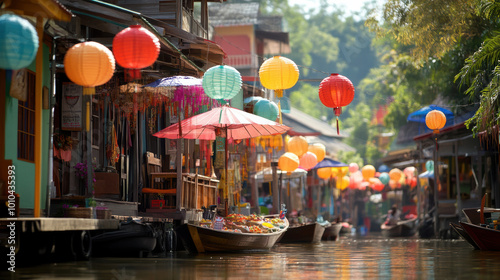 vibrant scene of floating market with colorful lanterns and umbrellas, showcasing local delicacies and crafts along waterway. atmosphere is lively and inviting, perfect for exploring