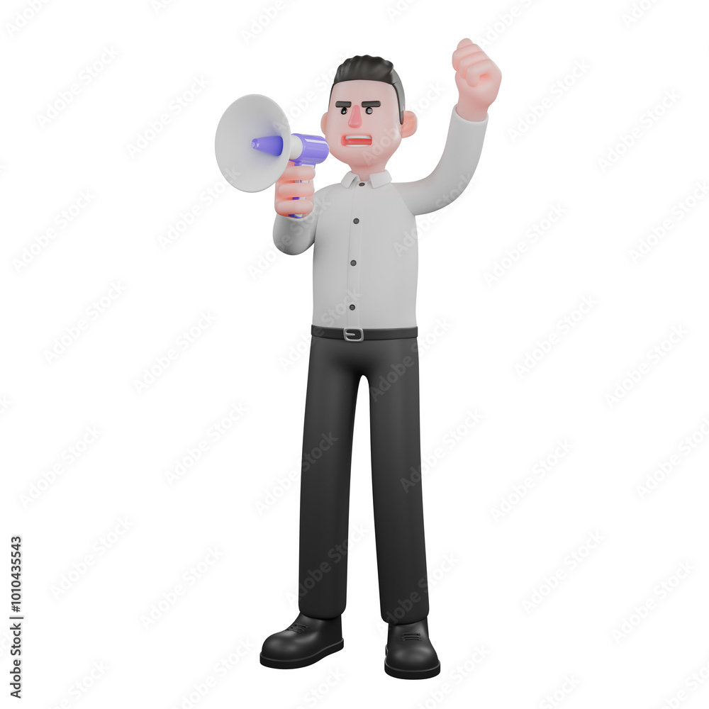 Businessman Male Professional. A male businessman is standing while talking to a loudspeaker held in his right hand while his left hand is clenched above his head. 3D Strategy Illustration Businessman Male Professional. A male businessman is standing while talking to a loudspeaker held in his right hand while his left hand is clenched above his head. 3D Strategy Illustration