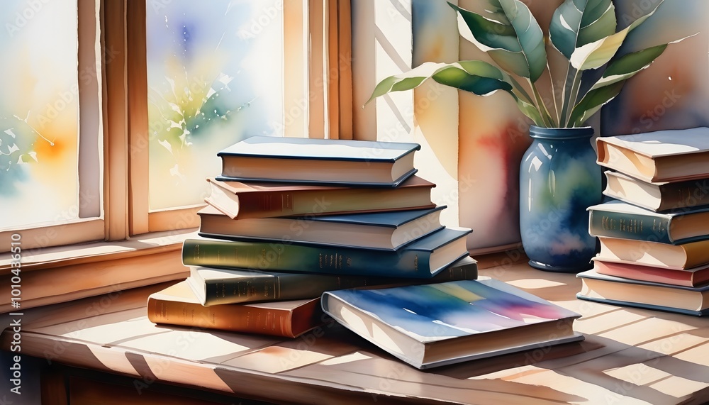 Cozy Books Stack with Plant in Soft Window Light Cozy Books Stack with Plant in Soft Window Light