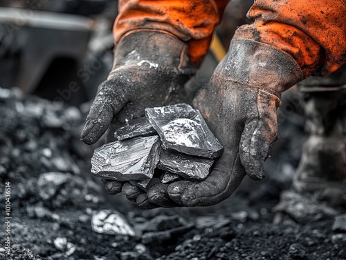 Striking Poster for Industrial Decor: A Worker in Gloves Showcasing Polished Metal Fragments Amidst a Rugged Mining Landscape, Perfect for Sports and Adventure-Themed Interiors