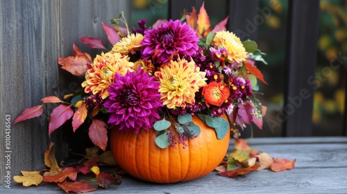 Wallpaper Mural A Pumpkin Vase Filled with Vibrant Autumn Flowers and Leaves Torontodigital.ca