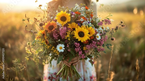 Fototapeta Naklejka Na Ścianę i Meble -  A woman holding a bouquet of wild flowers with sunflowers in a field