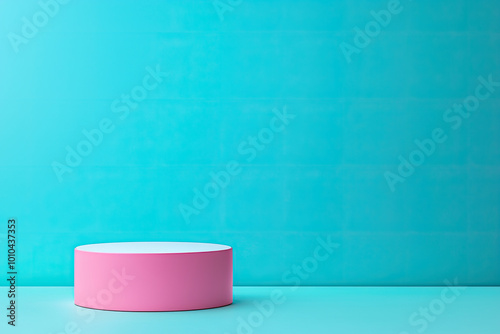Colorful display podium against a bright teal background  perfect for showcasing products or promotions in creative settings.