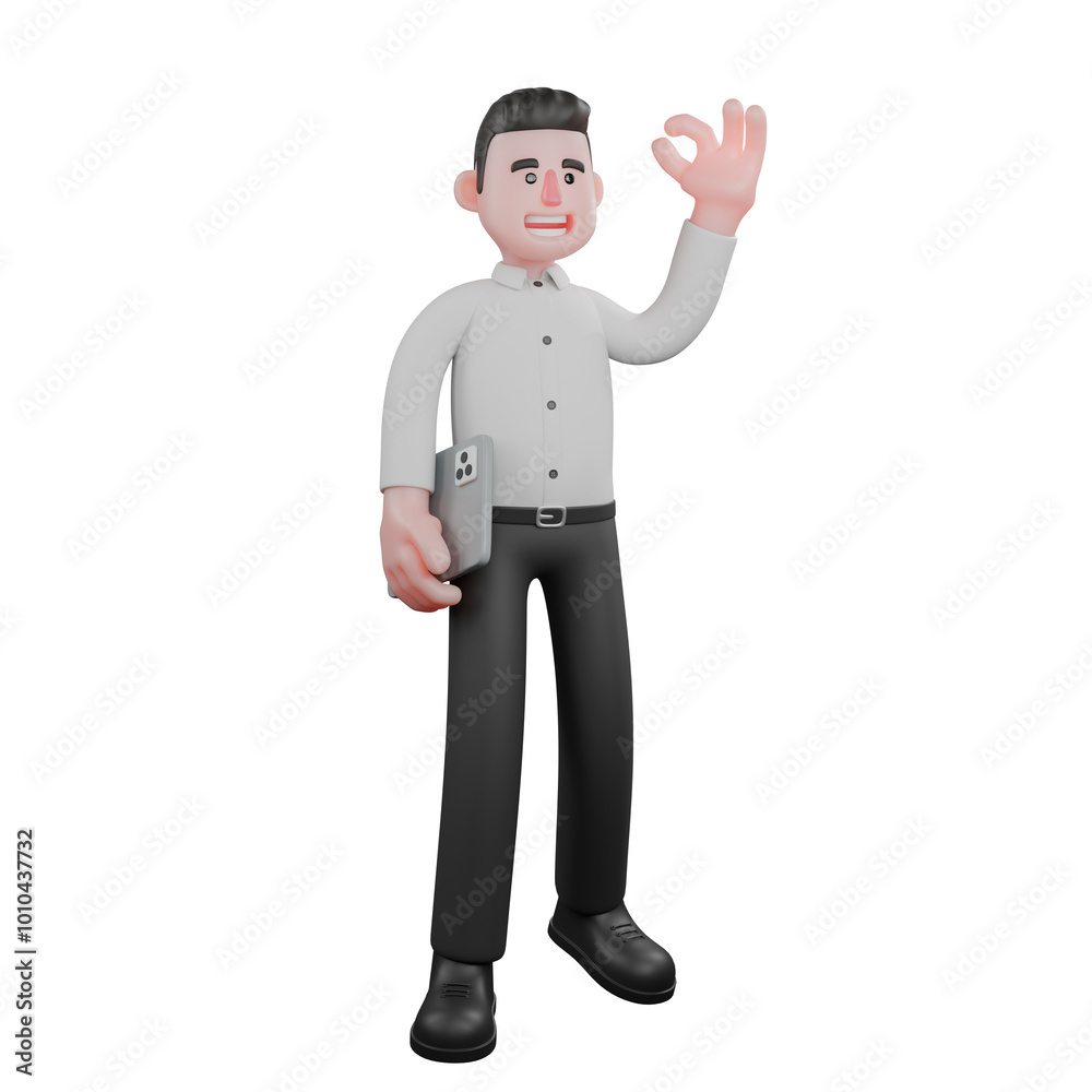 Male Businessman Character in Strategy 3D. A male businessman is standing with a tablet tucked in his right hand while his left hand is raised to give an ok symbol. Professional