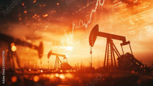 Double exposure image depicting oil pumpjacks in an oil field combined with financial charts and data overlays. The visual emphasizes the connection between oil extraction and market trends