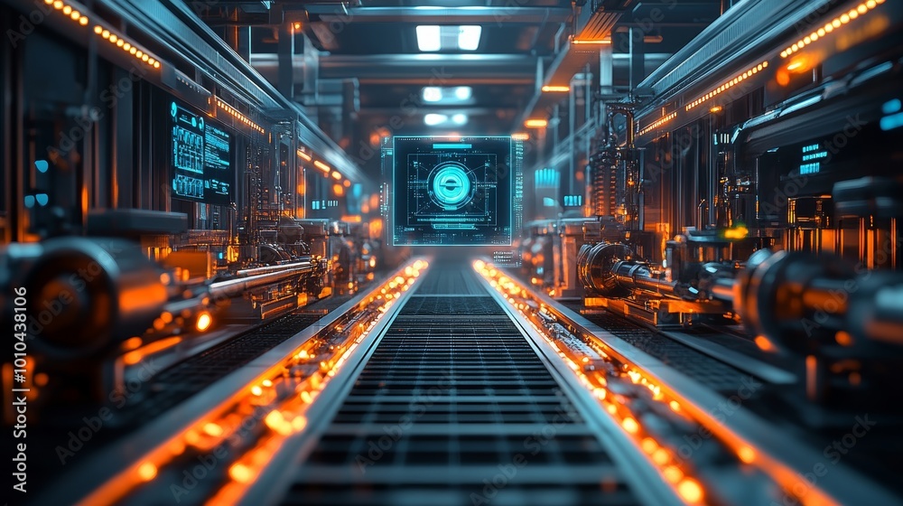 Sci-fi digital factory with an AI-operated industrial machine, virtual holograms adjusting complex mechanisms in a sleek futuristic space Sci-fi digital factory with an AI-operated industrial machine, virtual holograms adjusting complex mechanisms in a sleek futuristic space