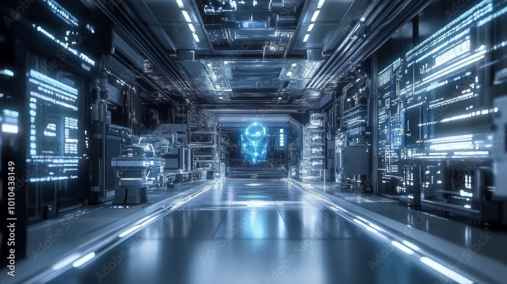 Sci-fi digital factory with an AI-operated industrial machine, virtual holograms adjusting complex mechanisms in a sleek futuristic space