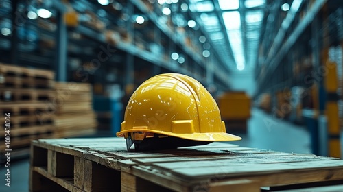 Shiny yellow hard hat sits prominently on a worktable, subtle blur of warehouse items in the background, creating a scene of industrial readiness