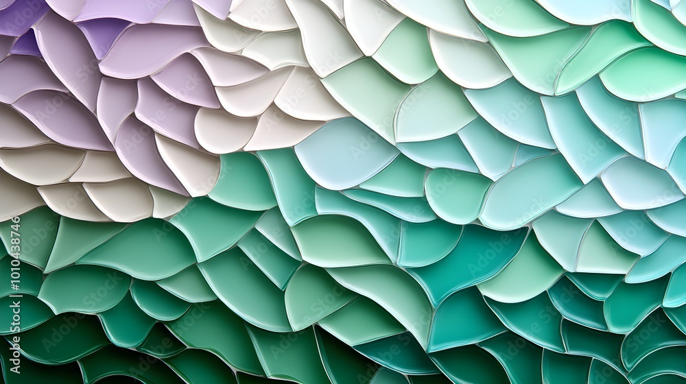 A serene mosaic wall with softly rounded sea glass tiles in shades of seafoam green and soft lavender, laid out in a free-form design that mimics gentle ocean currents A serene mosaic wall with softly rounded sea glass tiles in shades of seafoam green and soft lavender, laid out in a free-form design that mimics gentle ocean currents