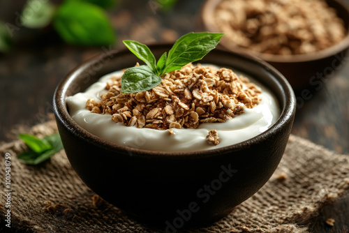 a man enjoying a bowl of delicious granola mixed with fresh fruits, capturing the vibrant colors and textures of the ingredients.