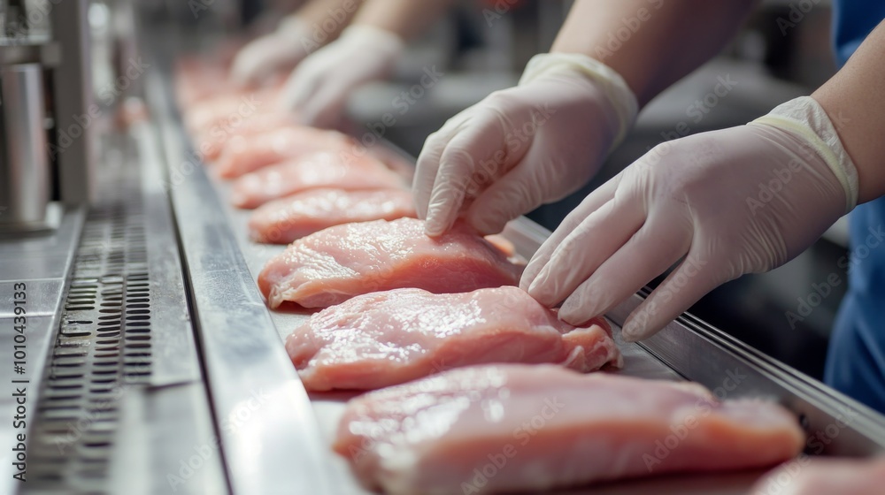 Obraz premium Gloved Hands Placing Raw Chicken Breast Filets on a Conveyor Belt