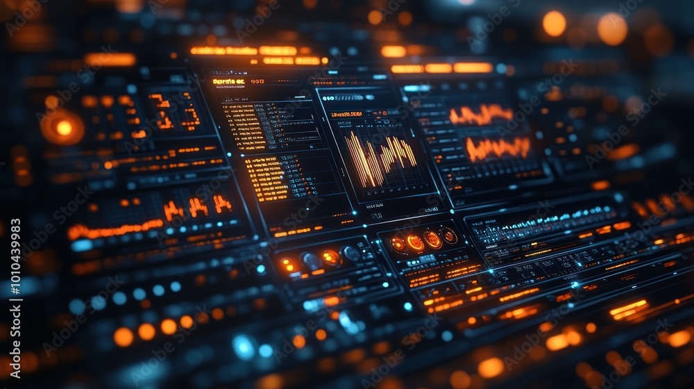 Futuristic digital interface with data visualization and controls. Futuristic digital interface with data visualization and controls.