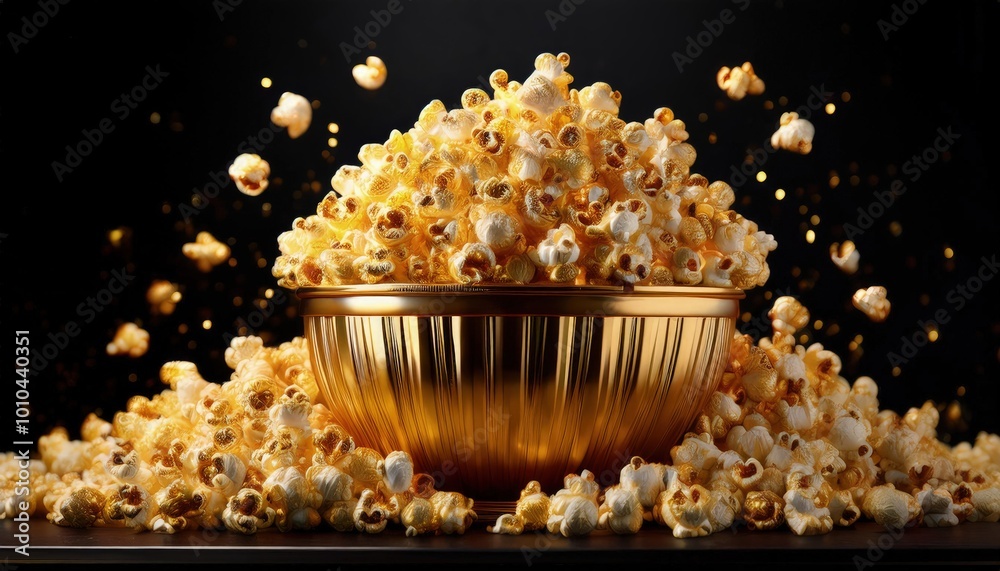 Popcorn display in a gold bowl against an elegant black and golden background with a massive pile. Popcorn display in a gold bowl against an elegant black and golden background with a massive pile.