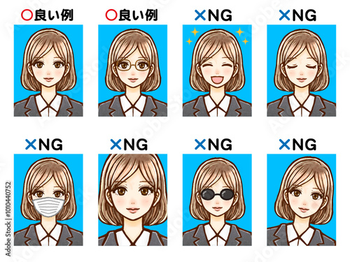 大人OL女性の証明写真の良い例と悪い例のイラスト素材