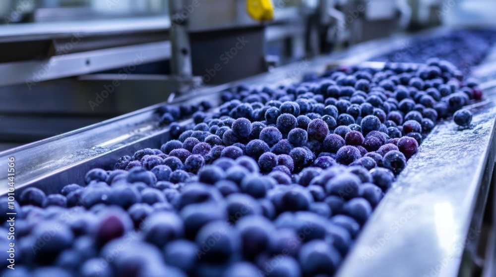 Fototapeta premium Close-up of Fresh Blueberries Moving on a Conveyor Belt in a Food Processing Plant