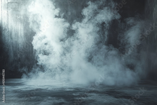 Empty dark abstract cement wall and studio room with smoke float up interior texture for display products wall background.