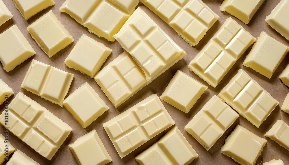 Broken pieces of white chocolate bars background, creating a scattered and delightful surface. Broken pieces of white chocolate bars background, creating a scattered and delightful surface.