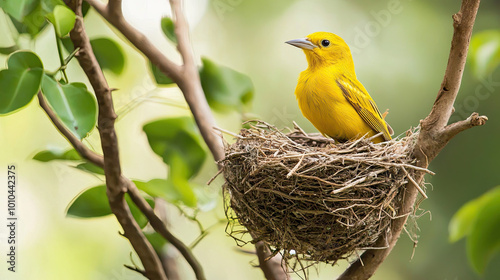 Vertical photo of exotic bird, Eastern golden weaver, Ploceus subaureus building its nest from grass fibers. Bright yellow bird is busy by weaving its nest, hanging on twig photo