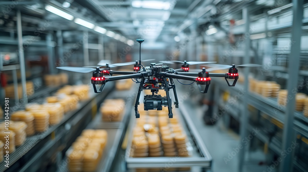 High-tech drones equipped with AI sensors flying through a bustling food factory, scanning rows of products on conveyor belts, identifying flaws with laser precision High-tech drones equipped with AI sensors flying through a bustling food factory, scanning rows of products on conveyor belts, identifying flaws with laser precision