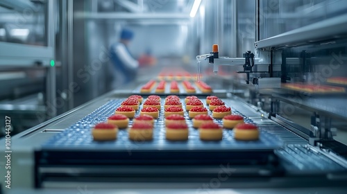 Hyper-clean automated food factory, self-cleaning robots working seamlessly as intelligent systems perform product checks, futuristic efficiency