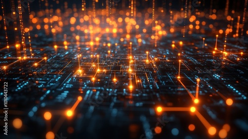 Abstract representation of a digital circuit with glowing connections.