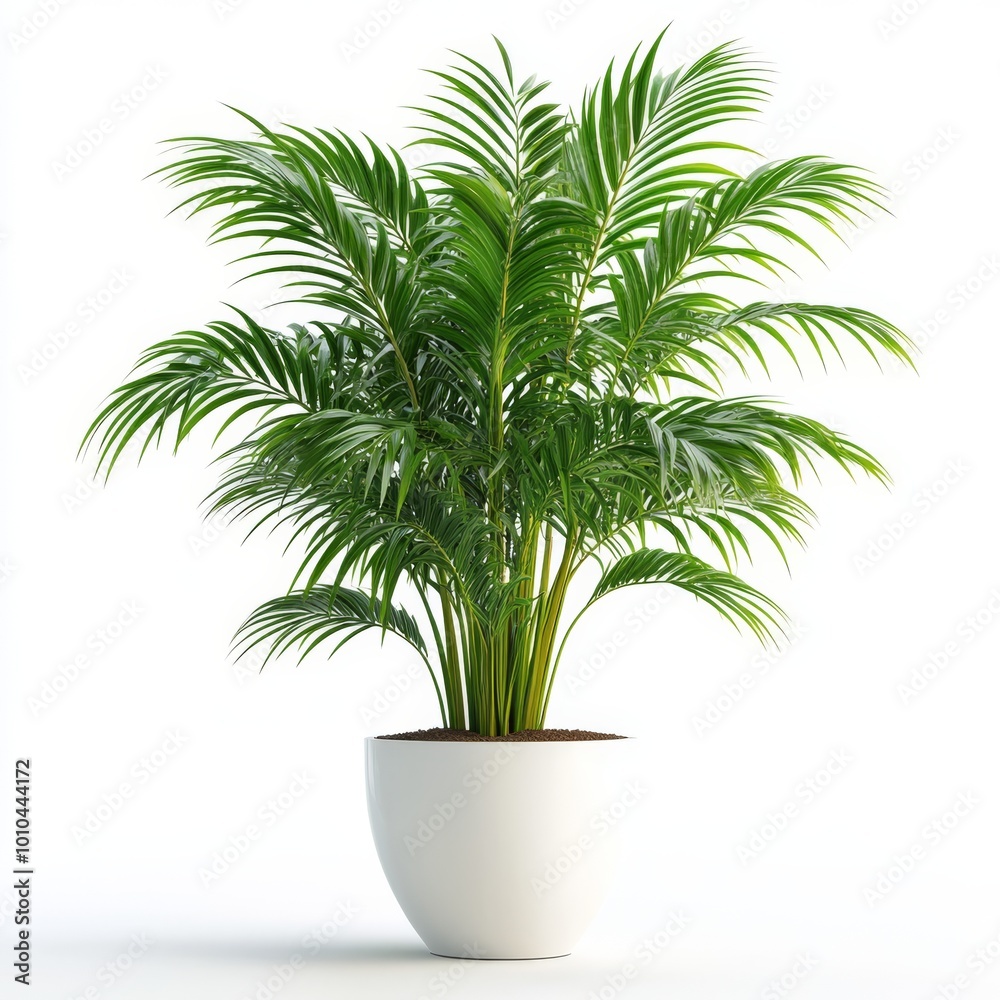 Obraz premium A lush, green potted palm tree isolated on a white background.