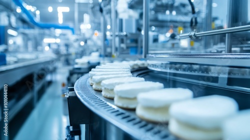 Close-up of White Round Treats on a Conveyor Belt in a Food Factory