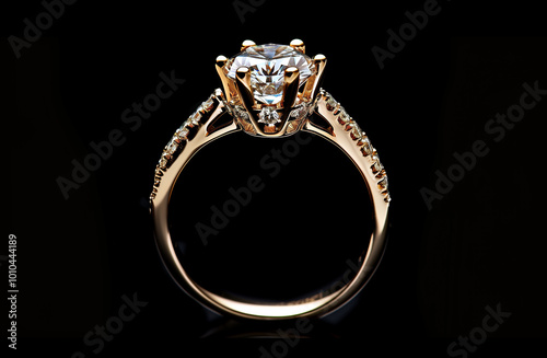 Yellow gold diamond ring on solid background.