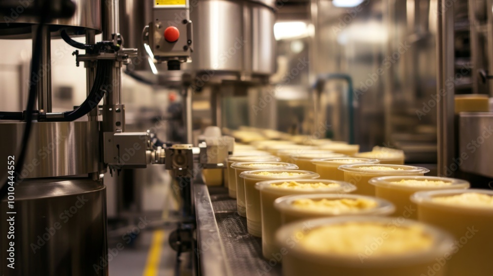 Industrial Food Production Line with Containers of Creamy Product Industrial Food Production Line with Containers of Creamy Product
