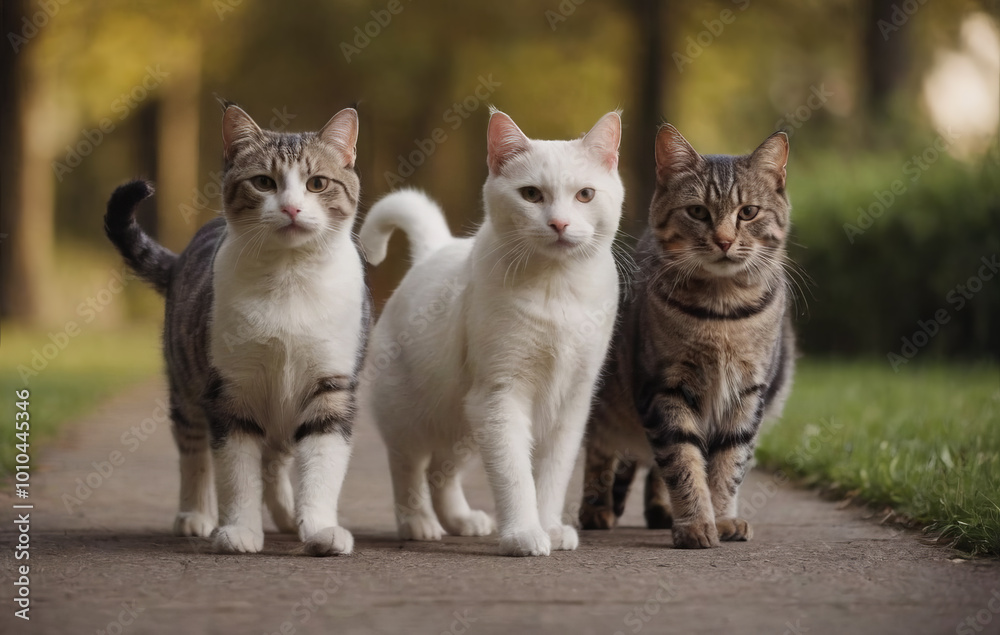 Several domestic cats pose for the camera while out for a walk. Several domestic cats pose for the camera while out for a walk.