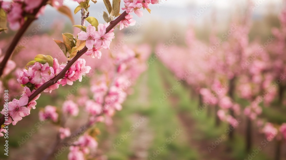 Pink Blossoms on a Branch with a Blurry Background of a Peach Orchard Pink Blossoms on a Branch with a Blurry Background of a Peach Orchard