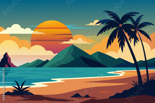 Pacific sunrise in Sea beach vector art illustration photo