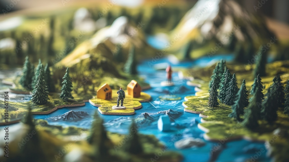 Miniature Figurine Standing on a Model Landscape with a Blue River Miniature Figurine Standing on a Model Landscape with a Blue River