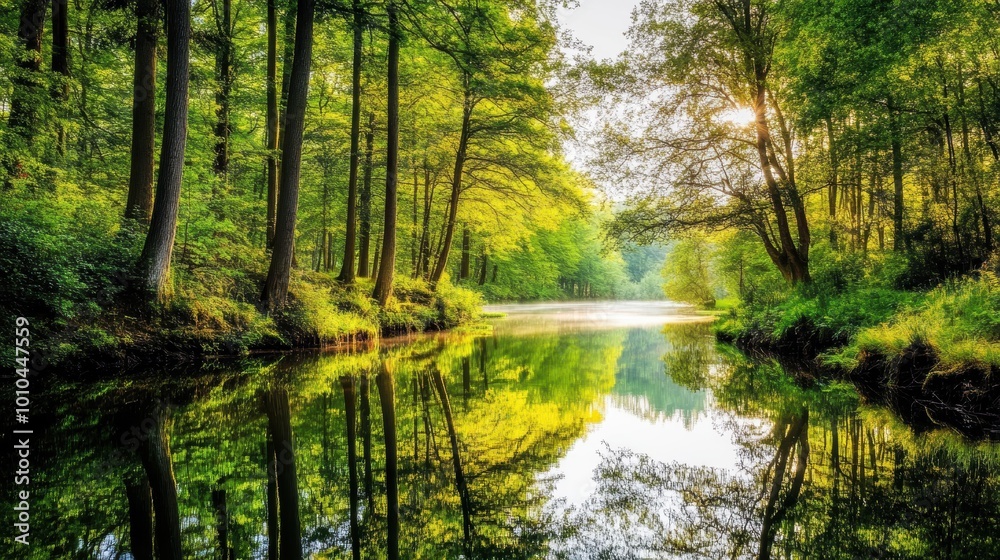 Serene River Flowing Through Lush Green Forest Serene River Flowing Through Lush Green Forest