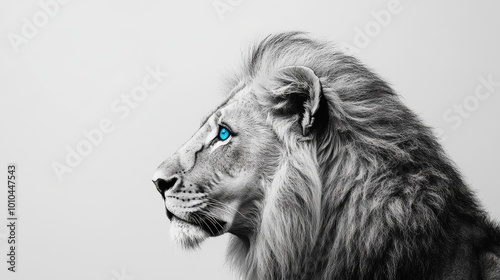 A majestic lion with a powerful presence, captured in a black and white portrait with striking blue eyes.