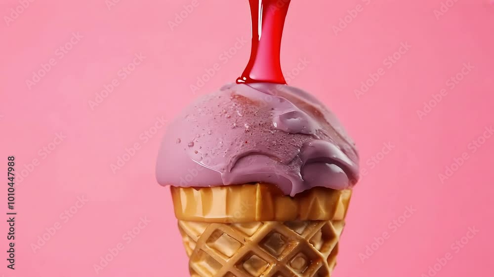 Tasty ice cream cone two scoops chocolate strawberry flavors topped syrup inwaffle against vibrant pink background perfect summerthemed visuals dessert sirup cranberry waffle sweet
