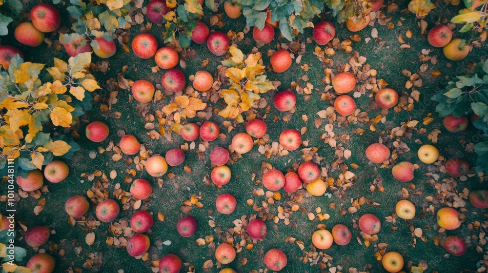 Red Apples Scattered on Green Grass and Autumn Leaves Red Apples Scattered on Green Grass and Autumn Leaves
